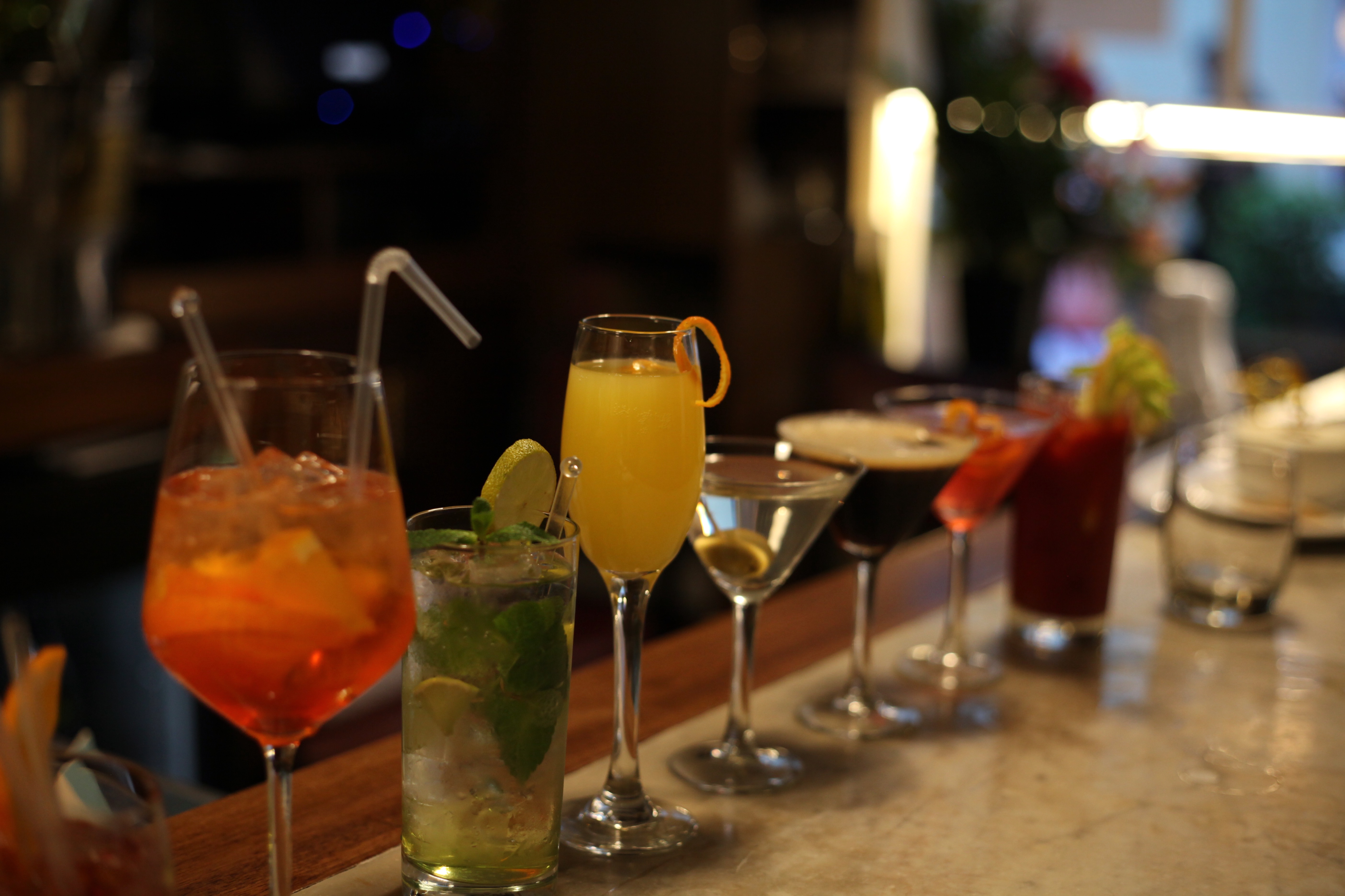 Line of cocktails from English's new cocktails list, including mojito and bellini 