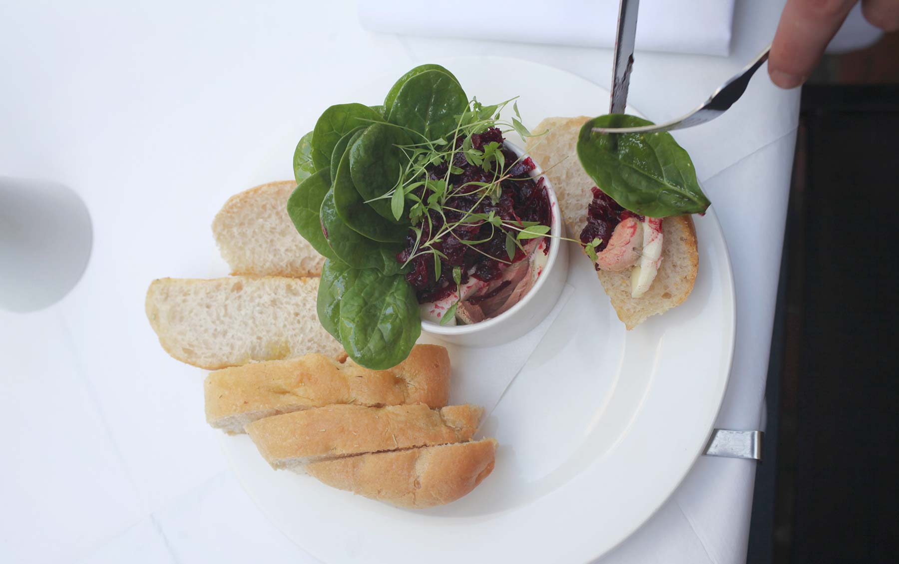 Chicken liver parfait, truffle butter, beetroot chutney, spinach leaves, focaccia.